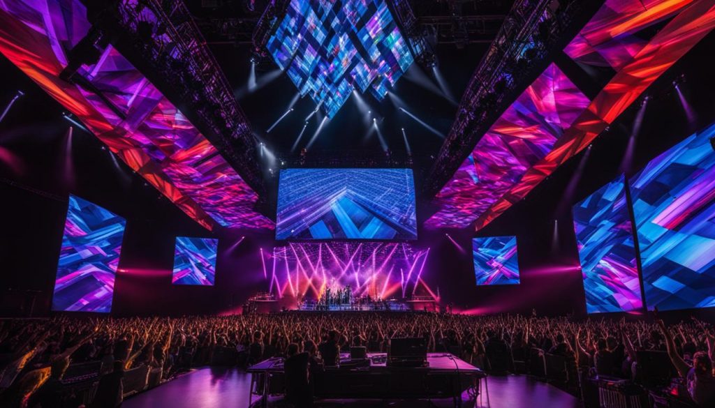 Large concert stage with multiple LED screens and professional lighting - full AV package Los Angeles